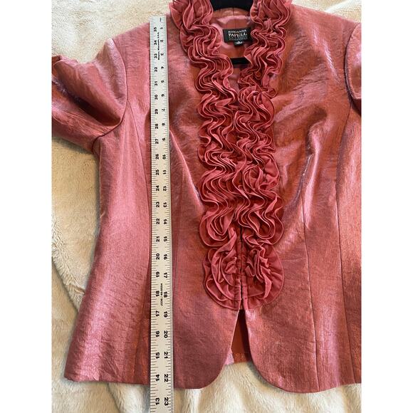 VINTAGE ADRIANNA PAPELL JACKET 12 FRILLY FEMININE RUFFLE IRIDESCENT PINK BLAZER - Picture 14 of 15